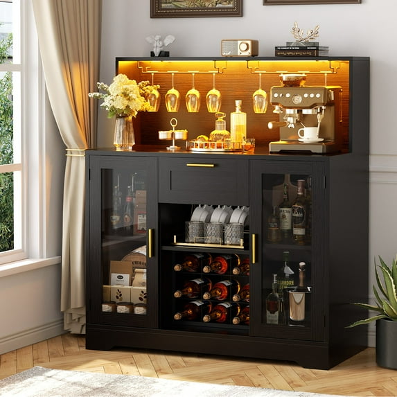 Homieasy Wine Bar Cabinet with LED Lights and Outlets, Liquor Bar Cabinet with Drawer Storage, Wine Bar Buffet with Grid Wine Rack & Glass Holder, Black