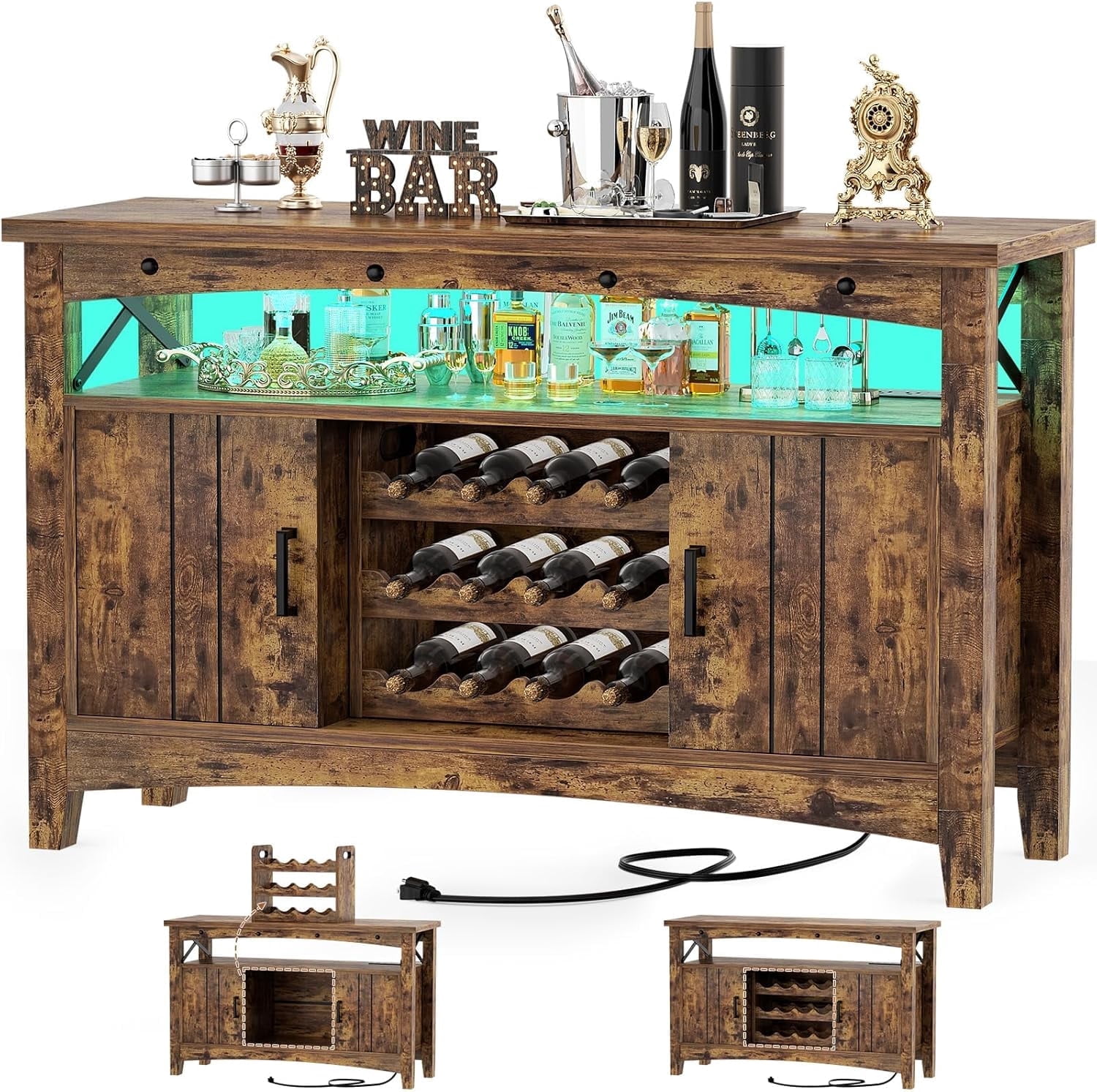 Ffe Outlets Homieasy Wine Bar Cabinet with LED Lights, Power Outlets, Movable ...
