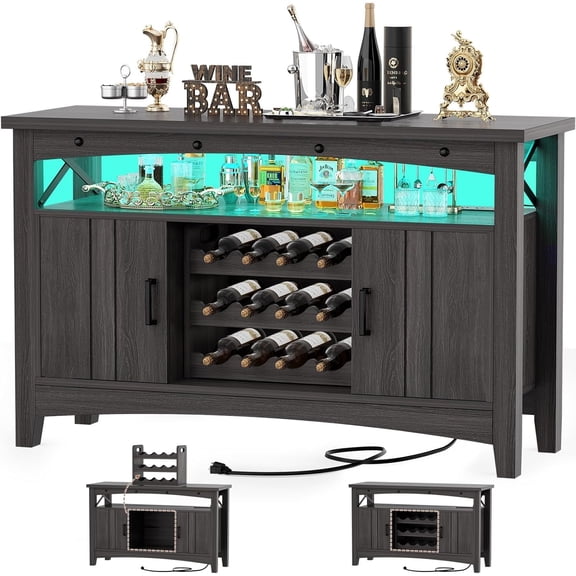 Homieasy Wine Bar Cabinet with Power Outlets, Liquor Cabinet with LED Lights and Movable Wooden Wine Rack, Gray Walnut