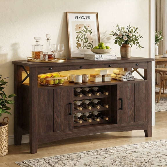 Homieasy Wine Bar Cabinet with Power Outlets, Liquor Cabinet with LED Lights and Movable Wooden Wine Rack, Walnut