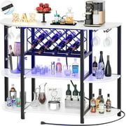 Homieasy Wine Cabinet with Charging Station and LED Light, 4-Tier Wine Rack Table for Liquor with Glass Holder and Wine Rack Storage, Freestanding Floor Coffee Bar Cabinet for Kitchen, White