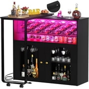 Homieasy Wine Cabinet with Charging Station and LED Light, Rotating Wine Rack Table for Liquor with Glass Holder and Wine Rack Storage, Freestanding Floor Coffee Bar Cabinet for Kitchen, Black