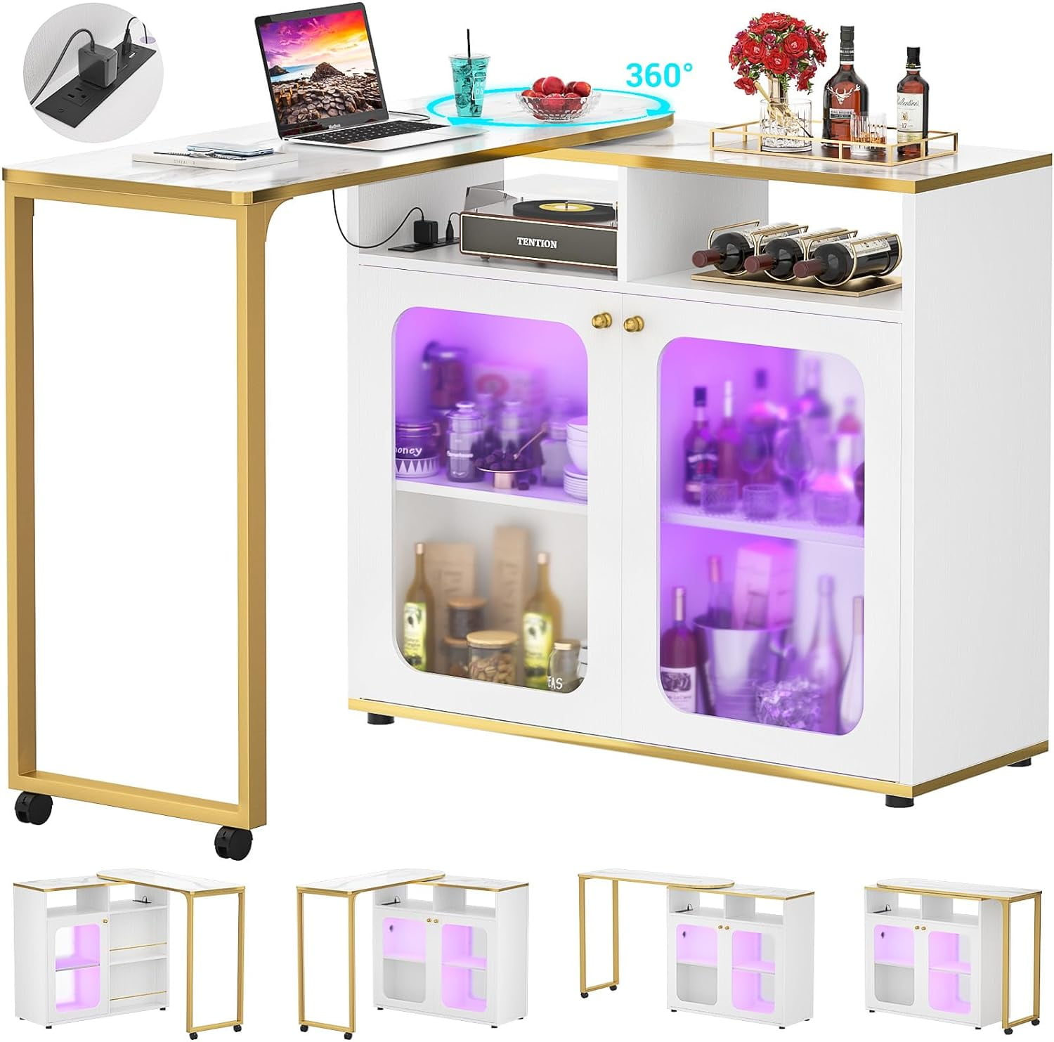 Homieasy Wine Cabinet with Charging Station and LED Light Rotating Wine Rack Table for Liquor with Glass Holder and Wine Rack Storage Freestanding