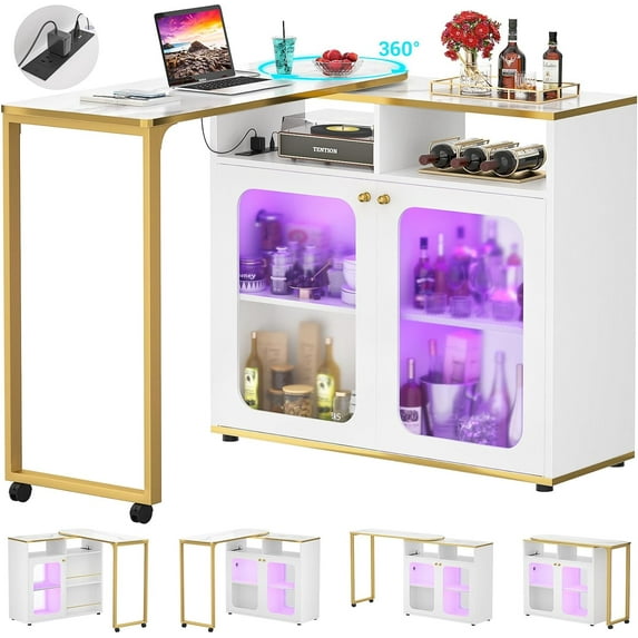 Homieasy Wine Cabinet with Charging Station and LED Light, Rotating Wine Rack Table for Liquor with Glass Holder and Wine Rack Storage, Freestanding Floor Coffee Bar Cabinet for Kitchen, White
