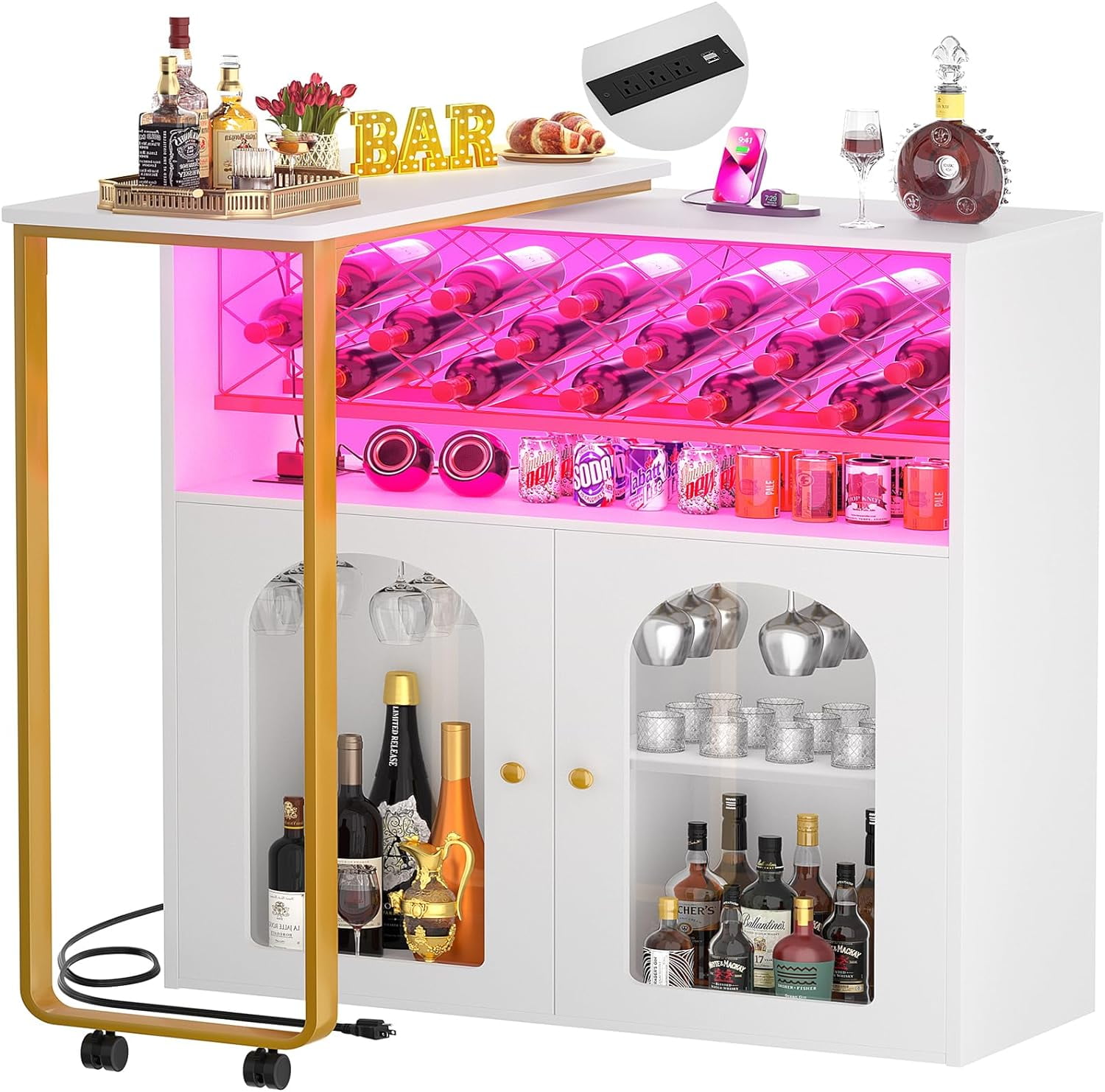 Homieasy Rotating Wine Rack Table with Charging Station, LED Light ...