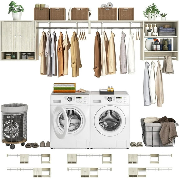 Homieasy Wall-Mounted Laundry Shelving System - 118" Heavy-Duty Over Washer/Dryer Organizer with 3 Adjustable Hanger Rods, Space-Saving Drying Rack & Storage Shelves,White Oak