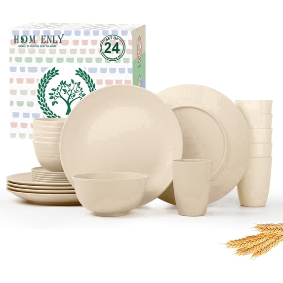 Homienly 24-Piece Wheat Straw Dinnerware Set, Service for 6, Reusable Plates, Bowls & Cups, Microwave & Dishwasher Safe, Beige