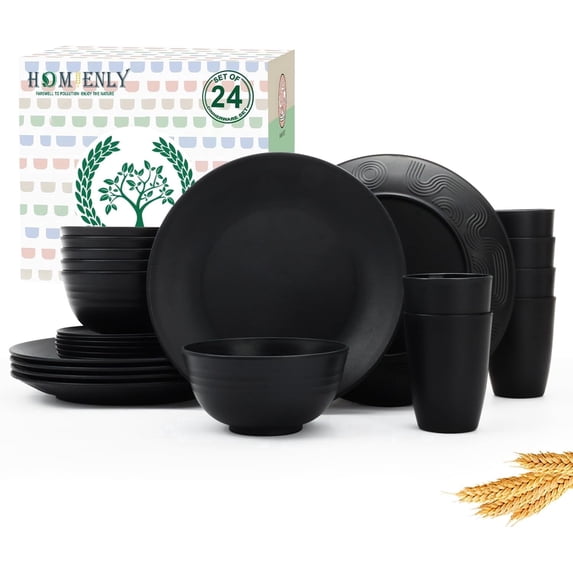 Homienly Wheat Straw Dinnerware Set, 24-Piece, Plates, Bowls & Cups, Service for 6, Microwave & Dishwasher Safe, Plastic Dinnerware Set and Dish Set for Home, College, Picnic and Travel, Black