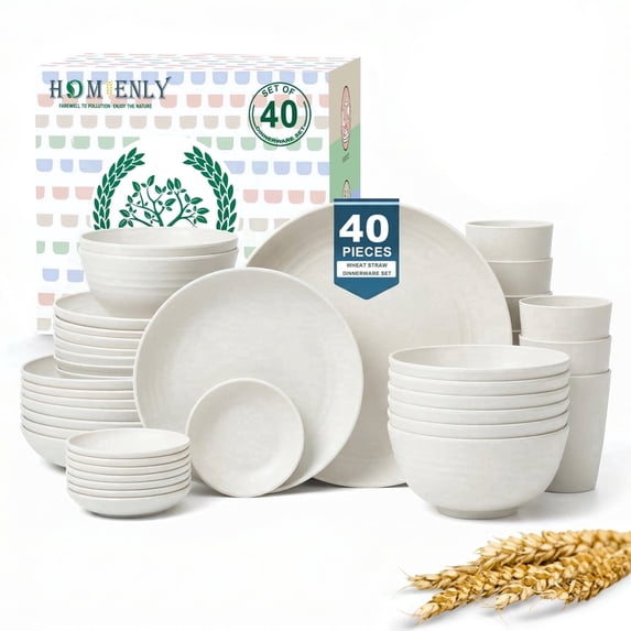 Homienly Wheat Straw Plates and Bowls Sets, 40 PCS Kitchen Dinnerware Sets, Unbreakable Dishes Set for Camping, Picnic, Microwave and Dishwasher Safe, Plates, Bowls, Cups, Service for 8 (White)