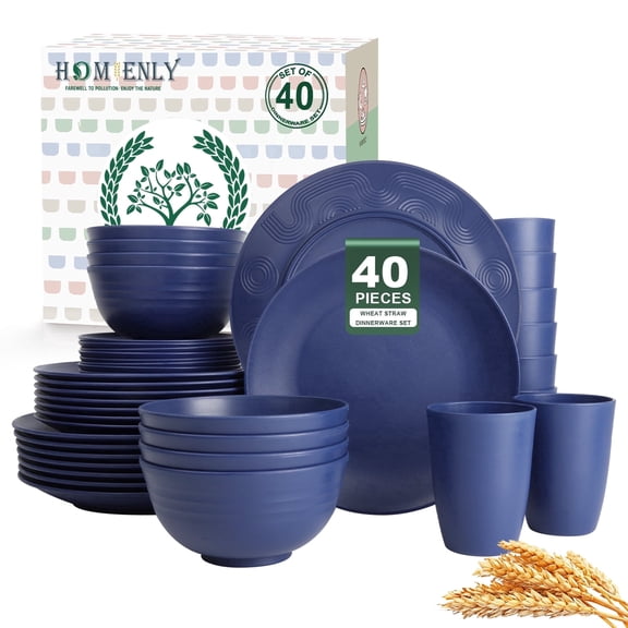Homienly 40-piece Wheat Straw Dinnerware Set, Reusable Plates, Bowls & Cups, Service for 8, Unbreakable, Lightweight, Dark Blue