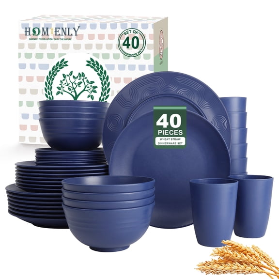 Homienly 40-piece Wheat Straw Dinnerware Set, Reusable Plates, Bowls & Cups, Service for 8, Unbreakable, Lightweight, Dark Blue
