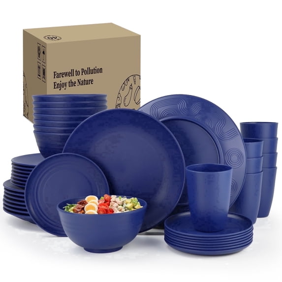 Homienly 40-Piece Wheat Straw Dinnerware Set, Service for 8, Dinner Plates, Bowls & Cups, Microwave & Dishwasher Safe, Blue