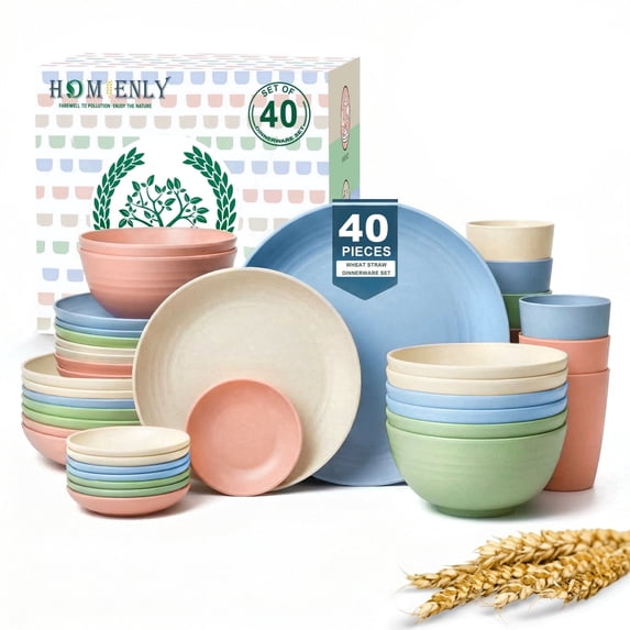 Homienly Dinnerwave Set 40-Piece Service for 8 Unbreakable Kitchen Plates and Bowls Sets - Dinner Plates, Dessert Plates, Soup Bowls, Cup Set, Soy Sauce Dish Microwave & Dishwasher Safe (Light Multi)