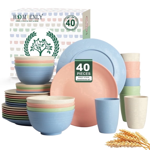 Homienly 40-Piece Wheat Straw Dinnerware Set, Service for 8, Reusable Plates, Bowls & Cups, Microwave & Dishwasher Safe, Multi Light