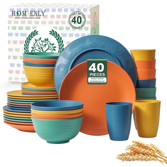 Homienly 40-Piece Wheat Straw Dinnerware Set, Service for 8, Unbreakable Plates, Bowls & Cups, Multicolor, Dishwasher & Microwave Safe, BPA-Free