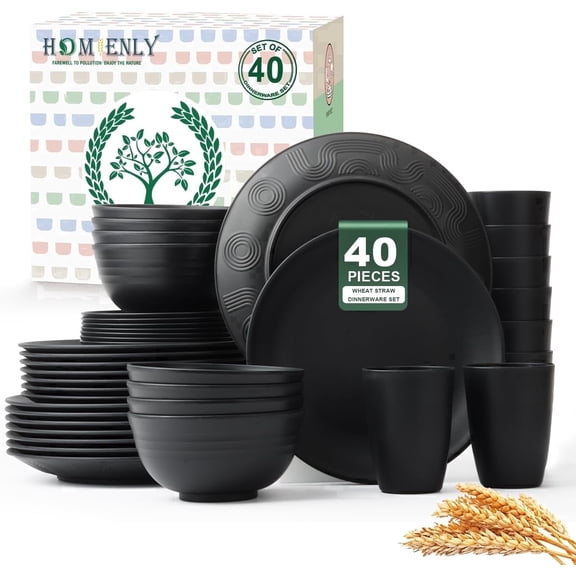 Homienly 40-Piece Wheat Straw Dinnerware Set, Service for 8, Reusable Plates, Bowls & Cups, Lightweight, Microwave & Dishwasher Safe, Black