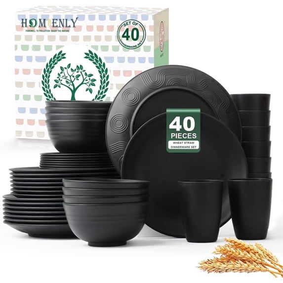 Homienly 40-Piece Wheat Straw Dinnerware Set, Service for 8, Reusable Plates, Bowls & Cups, Lightweight, Microwave & Dishwasher Safe, Black