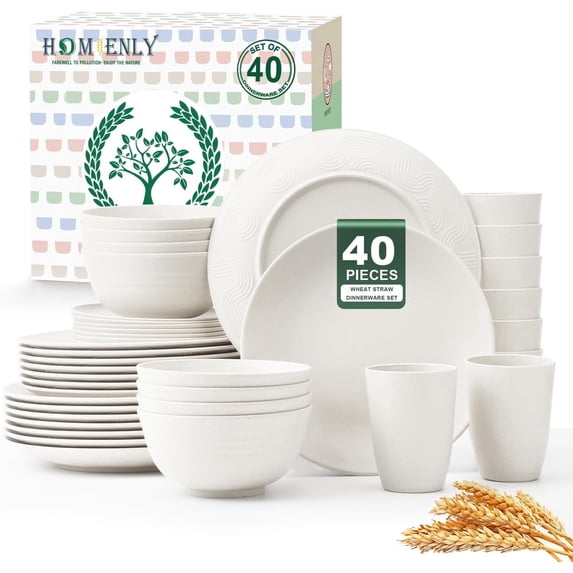 Homienly 40-Piece Wheat Straw Dinnerware Set, Service for 8, Round Plates, Bowls & Cups, Microwave & Dishwasher Safe, White