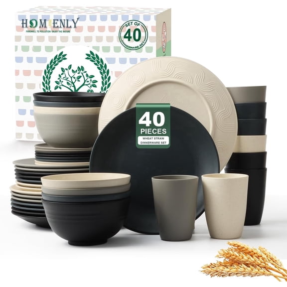 Homienly 40-piece Wheat Straw Dinnerware Set, Service for 8, Plates, Bowls & Cups, Grey Stone