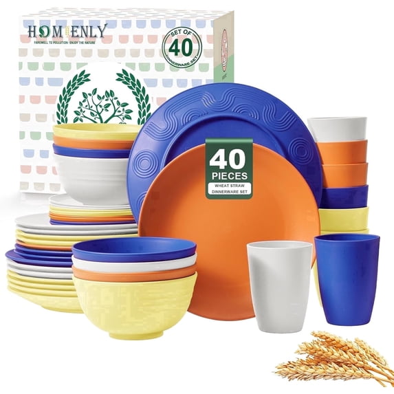 Homienly 40-Piece Wheat Straw Dinnerware Set, Service for 8, Round Plates, Bowls & Cups, Microwave & Dishwasher Safe, White