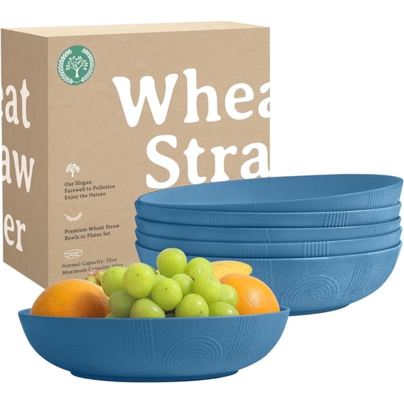 Homienly 6-Pack Extra Large Salad Bowls, 10" Wide Shallow Serving Bowls (65 oz) - Chip-Resistant Wheat Fiber Material, Lightweight Unbreakable Dinnerware Set for Daily Meals & Camping, Navy Blue