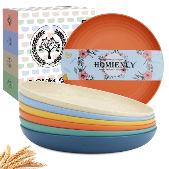 Homienly 6 pcs 8 inch Multi Color Wheat Straw Deep Dessert Dish, Reusable Unbreakable Tableware, Microwave Dishwasher Safe for Cake Snack Kitchen Use
