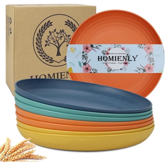 Homienly Wheat Straw Deep Dinner Dish, 8 pcs 9 inch, Unbreakable Microwave Dishwasher Safe Tableware for Home Outdoor Use, Plastic Dinner Plates, Classic Bright