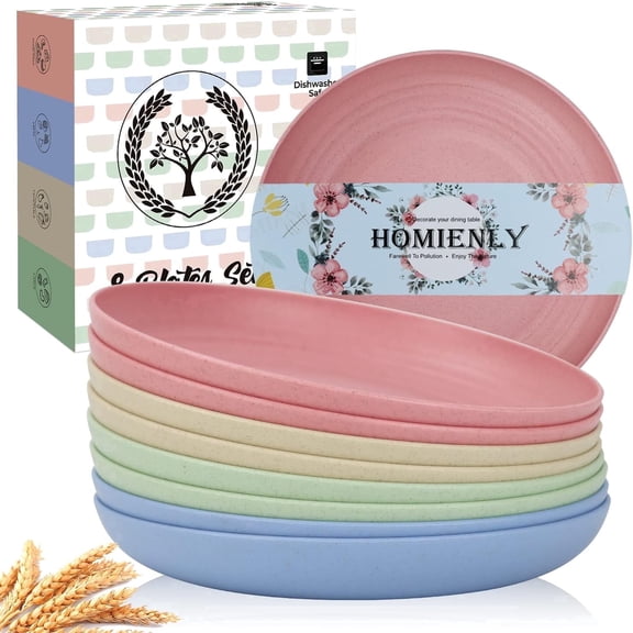 Homienly Deep Dinner Plates, Set of 8 Alternative for Plastic - Microwave & Dishwasher Safe Wheat Straw Plates with 4 Colors (Fresh Light, 9 inch)