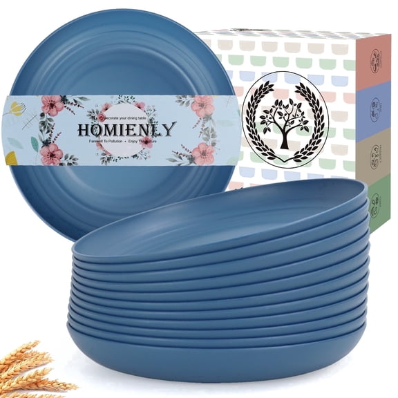 Homienly 12-Pack 9 inch Wheat Straw Deep Dinner Plates, Unbreakable, Microwave & Dishwasher Safe, Blue
