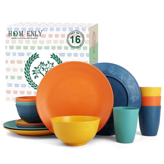 Homienly Dish Set Wheat Straw Dinnerware Sets Unbreakable Reusable Dinnerware Set 16 PCS Cups Plates and Bowls Sets, Microwave and Dishwasher Safe Dishes for Camping, Outdoor - Colorful