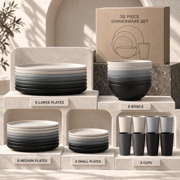 Homienly Dishware Set, 38-Piece Wheat Straw Dinnerware Set for 8, Plastic Plates Bowls & Cups, Stackable Microwave Safe Dishware, Plates and Bowls Set, Black Grey