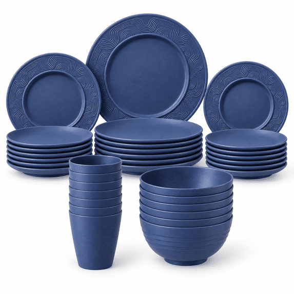 Homienly Dorm Dishes Set, 35-Piece Wheat Straw Dinnerware for 7, Plates Bowls & Cups, Lightweight Reusable Stackable Tableware, Microwave & Dishwasher Safe, College Apartment, Dark Blue