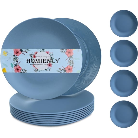 Homienly Wheat Straw Dinner Plate Set of 8, 9 Inch, Unbreakable Microwave Dishwasher Safe Household Tableware Alternative to Plastic, Plastic Dinner Plates, Blue