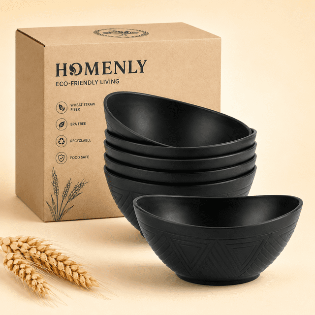 Small Pimage Homienly Plastic Bowls 10 oz 6 PCS Small Wheat Straw Bowl Set – Black ...