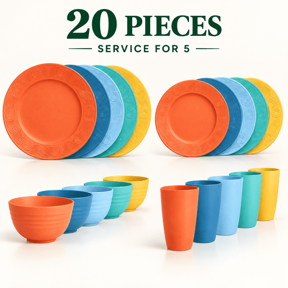 Homienly Plates Bowls and Cups Set, 20-Piece Wheat Straw Dinnerware for 5, Lightweight Reusable Unbreakable Dishware, Microwave & Dishwasher Safe, Potluck & Shared Meals, Multicolor
