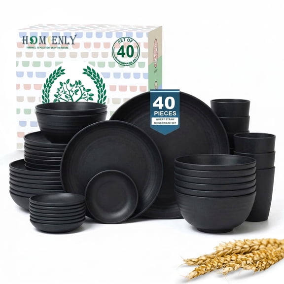 Homienly Plates and Bowls Sets, 40-Piece Modern Wheat Straw Dinnerware Sets for 8 Unbreakable Kitchen Dinner Set Microwave and Dishwasher Safe Dishes Set for Apartment, Party, Outdoor, RV (Black)