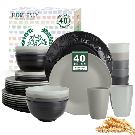 Homienly 40-Piece Wheat Straw Dinnerware Set, Service for 8, Plates, Bowls & Cups, Microwave & Dishwasher Safe, Multicolor