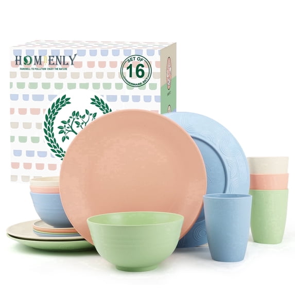Homienly 16-Piece Wheat Straw Dinnerware Set, Plates, Bowls & Cups, Microwave & Dishwasher Safe, Multi Light