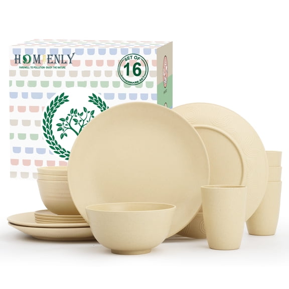 Homienly Wheat Straw Dinnerware Set, Service for 4, Beige, Lightweight, Unbreakable, Dishwasher Safe, Microwave Safe