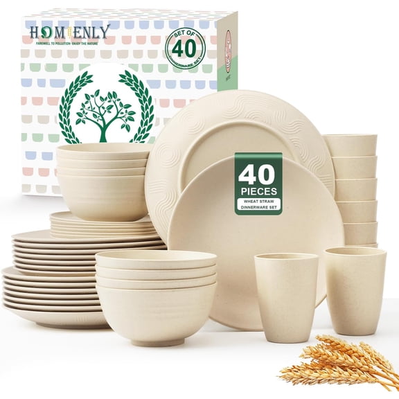 Homienly Wheat Straw Dinnerware Set, Service for 4, Beige, Lightweight, Unbreakable, Dishwasher Safe, Microwave Safe