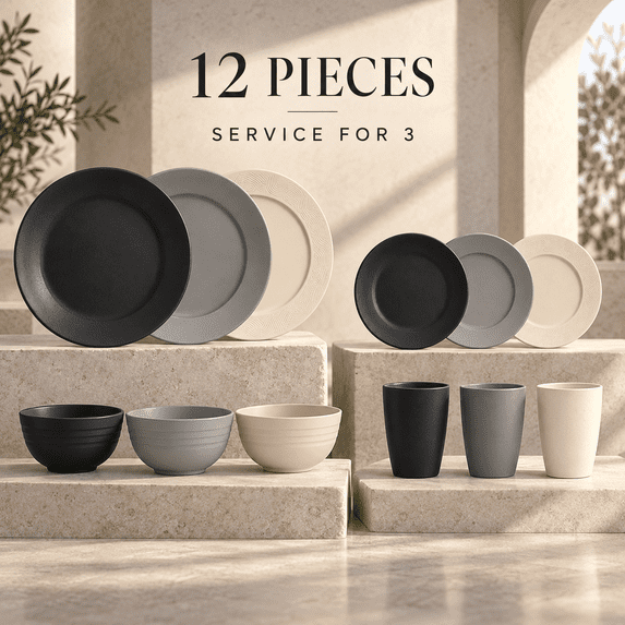 Homienly Shatterproof Dinnerware Set, 12-Piece Wheat Straw Tableware for 3, Plates Bowls & Cups, Lightweight Reusable Dishes, Microwave & Dishwasher Safe, Everyday Meals, Grey Stone