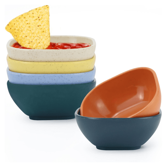 Homienly Small Snack Bowls Set of 6, 4.5 oz Wheat Straw Fiber Salsa and Condiment Dishes for Taco Toppings, Nuts and Dessert Garnishes, Stackable Rounded Square Dipping Bowls, Multicolor