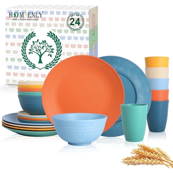 Homienly 24-Piece Wheat Straw Dinnerware Set, Plates, Bowls & Cups, Microwave & Dishwasher Safe, Multi Color