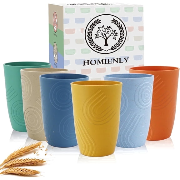 Homienly Wheat Straw Cup Set, 6-Pack 16 oz, Unbreakable, Microwave & Dishwasher Safe, Plastic Cup Set and Drinking Cups for Water, Juice, Kitchen, Camping and RV, Plastic Drinking Cups, Multi
