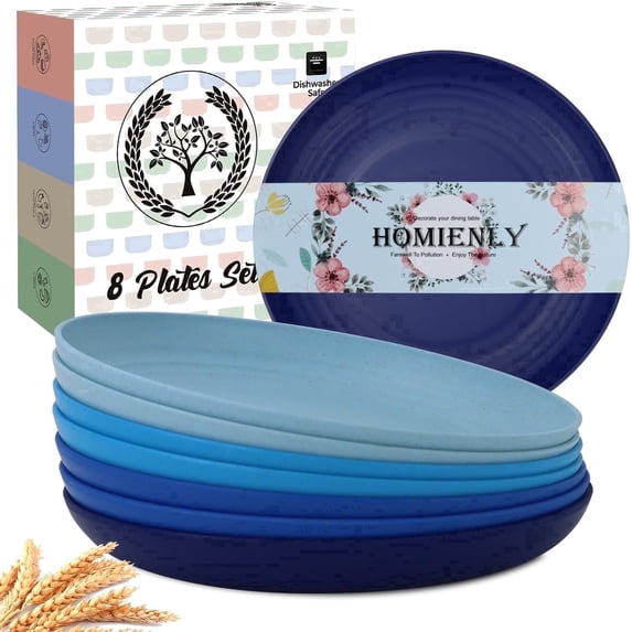 Homienly Wheat-Straw Deep Dinner Plates, 8-Pack 9 inch, Unbreakable, Microwave & Safe for Dishwasher, Plate Sets and Plastic Dinner Plates for Kitchen, Camping, Picnic and RV, Blue Series