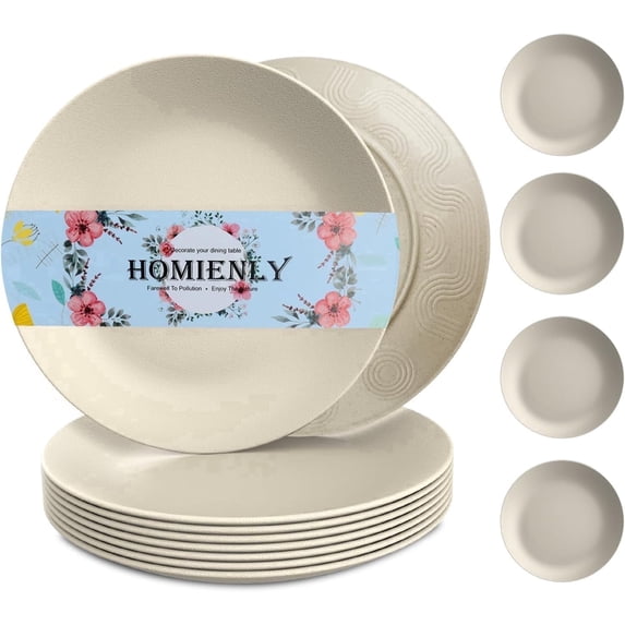 Homienly Wheat Straw Dinner Plate Set, 8-Pack 10 inch, Unbreakable, Microwave & Dishwasher Safe, Plate Set and Plastic Dinner Plates for Kitchen, Camping, Picnic and RV, Salad Plates, Beige
