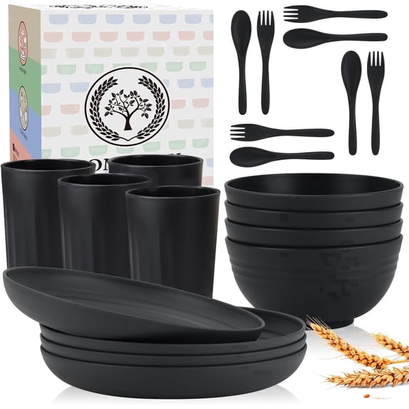 Homienly Wheat Straw Dinnerware Sets, 20pcs Unbreakable Microwave Dishwasher Safe Tableware Lightweight Bowls, Cups, Plates Set Reusable Dinner Plates Bowls set, Dishes Set (Matte Black)