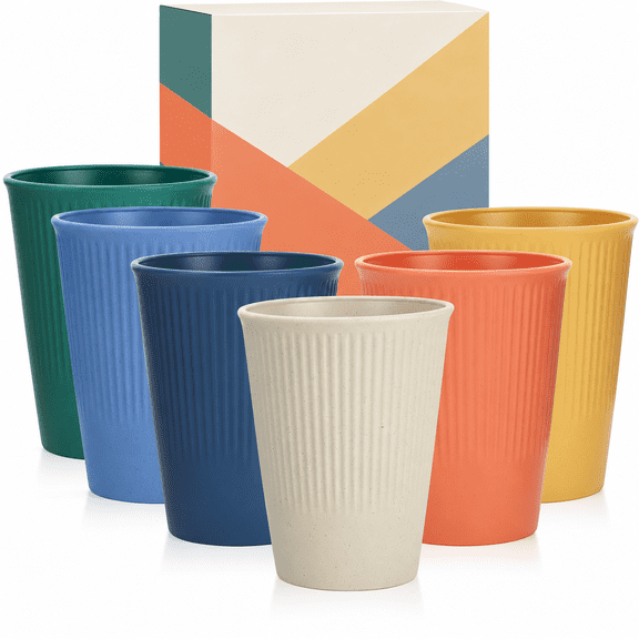 Homienly Wheat Straw Drinking Cups, 6 Pack 12 oz Multicolor Cup Set, Unbreakable, Reusable, Stackable, Microwave and Dishwasher Safe for Kitchen, Office and Daily Drinks