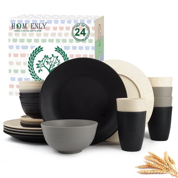 Homienly Wheat Straw Plates and Bowls Set, Lightweight & Unbreakable Dinnerware Set for Kitchen, Parties, Holidays, Microwave and Dishwasher Safe Dish Set - Plate Sets, Bowls, Cups, 24pcs