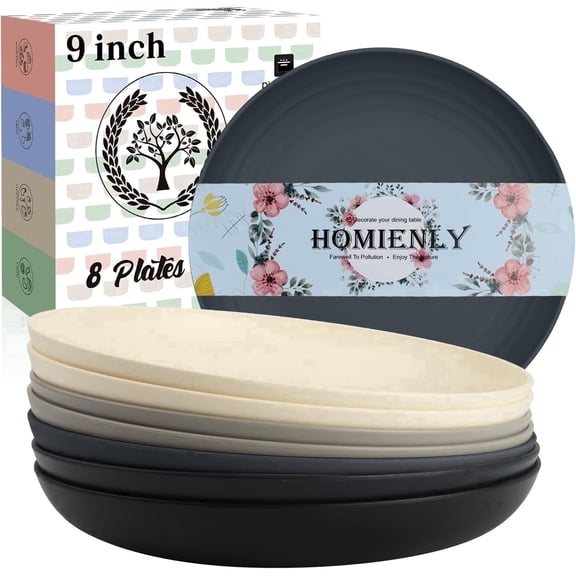 Homienly Wheat Straw Plates, 9-Inch, Set of 8 - Lightweight, Unbreakable, Microwave & Dishwasher Safe, Plate Set and Plastic Dinner Plates for Kitchen, Camping, Picnic and RV, Salad Plates, Greystone